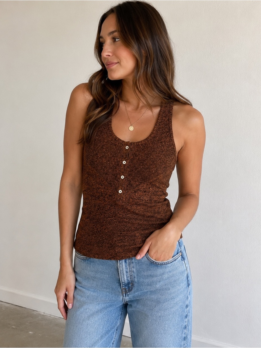 Anthropologie Saturday Sunday Brown Knit Racerback Henley Tank Top Size Large
